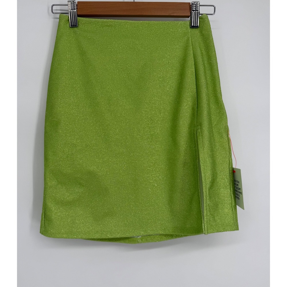 ASOS LUXE Womens Lime Green Metallic Glitter Mini Skirt Side Slit US Sz 0